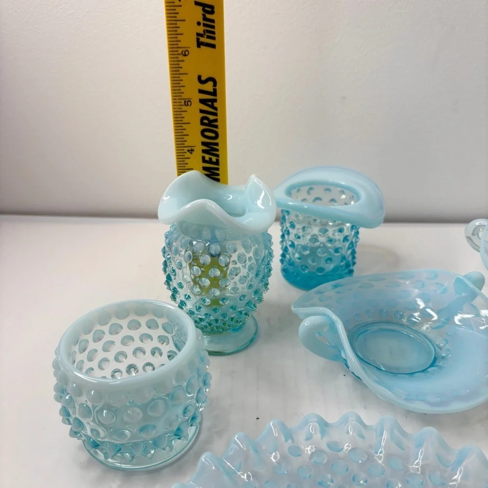 VTG Fenton Blue Opalescent Hobnail 7 pc lot Trinket Candy Dishes Votive Bud Vase